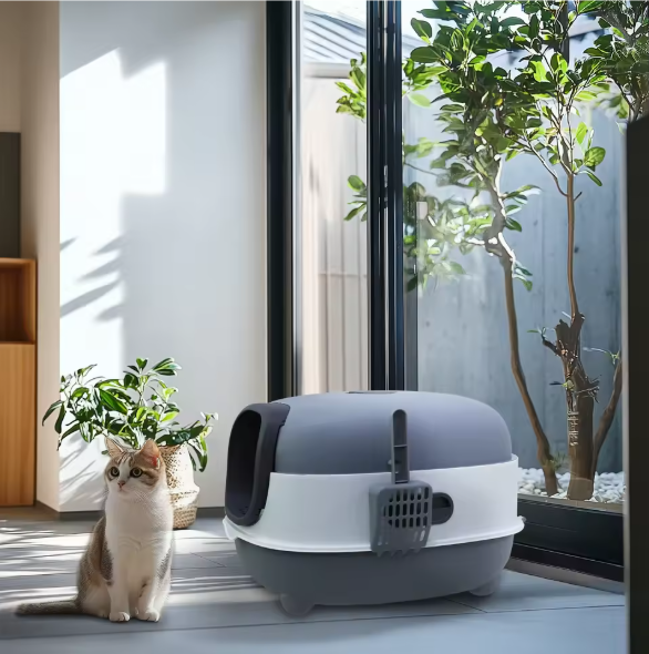 Ovale Kattenbak met Kap en Vooringang – Ingesloten Kattentoilet met Lade & Schep