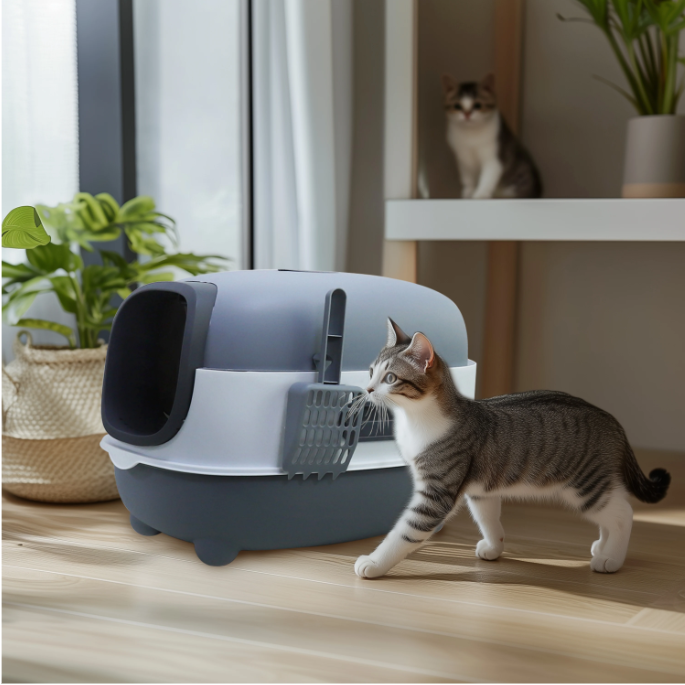 Ovale Kattenbak met Kap en Vooringang – Ingesloten Kattentoilet met Lade & Schep
