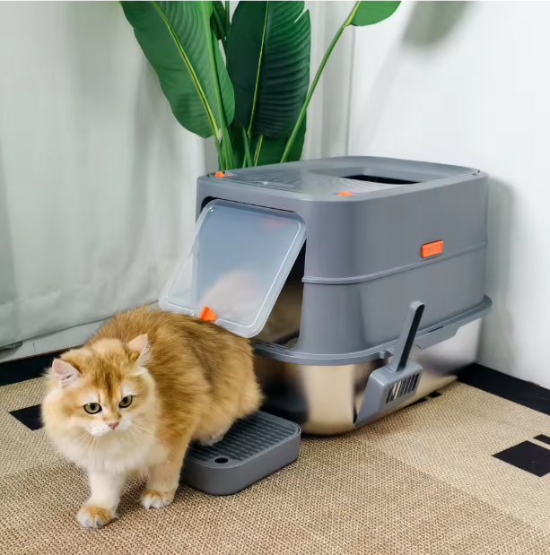 Ingesloten Roestvrijstalen Kattenbak – Extra Groot met Deksel & Hoge Zijkanten