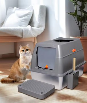Ingesloten Roestvrijstalen Kattenbak – Extra Groot met Deksel & Hoge Zijkanten