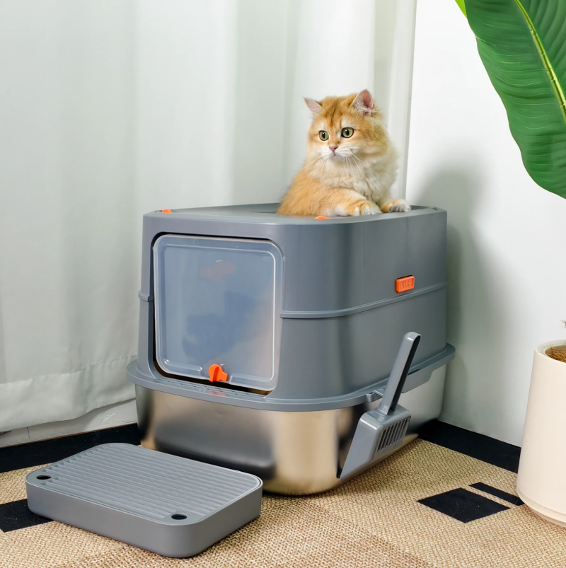Ingesloten Roestvrijstalen Kattenbak – Extra Groot met Deksel & Hoge Zijkanten