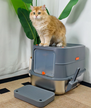 Ingesloten Roestvrijstalen Kattenbak – Extra Groot met Deksel & Hoge Zijkanten