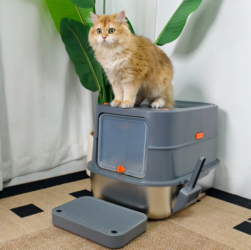 Ingesloten Roestvrijstalen Kattenbak – Extra Groot met Deksel & Hoge Zijkanten
