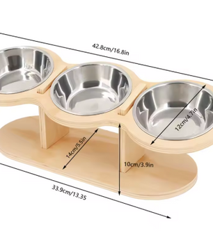 Kantelbare Kattenvoerbak met 3 Roestvrijstalen Kommen – Verhoogd & Houten Standaard