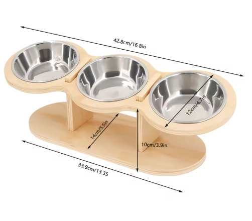 Kantelbare Kattenvoerbak met 3 Roestvrijstalen Kommen – Verhoogd & Houten Standaard