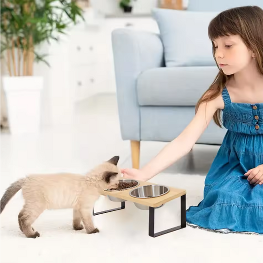 Verhoogde Kattenvoerbak met 2 Roestvrijstalen Kommen – 15° Kantelbaar & Houten Standaard