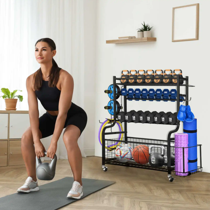 Halter Opbergrek met Wielen – Compact Gewichtsrek voor Thuisgym & Fitnessapparatuur