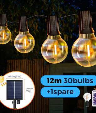 Solar Slingerlicht 12 m – 30 LED G40 Bollen, USB & Zonne-energie, Waterdicht en Breukvast