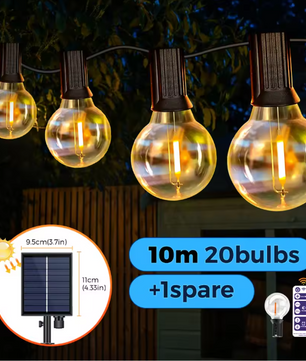 Solar Slingerlicht 12 m – 30 LED G40 Bollen, USB & Zonne-energie, Waterdicht en Breukvast