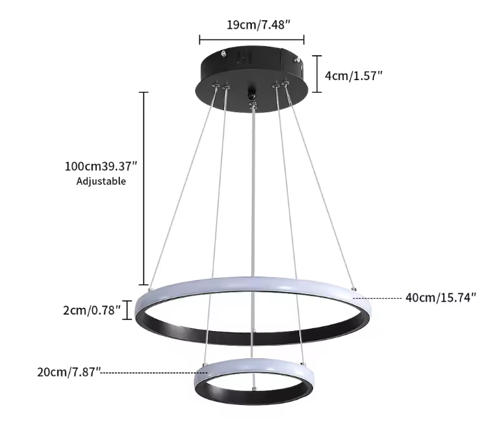 LED Hanglamp 30W – Moderne Zwarte Plafondlamp met 2 Ringen, Stijlvol en Functioneel