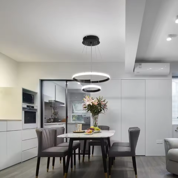 LED Hanglamp 30W – Moderne Zwarte Plafondlamp met 2 Ringen, Stijlvol en Functioneel