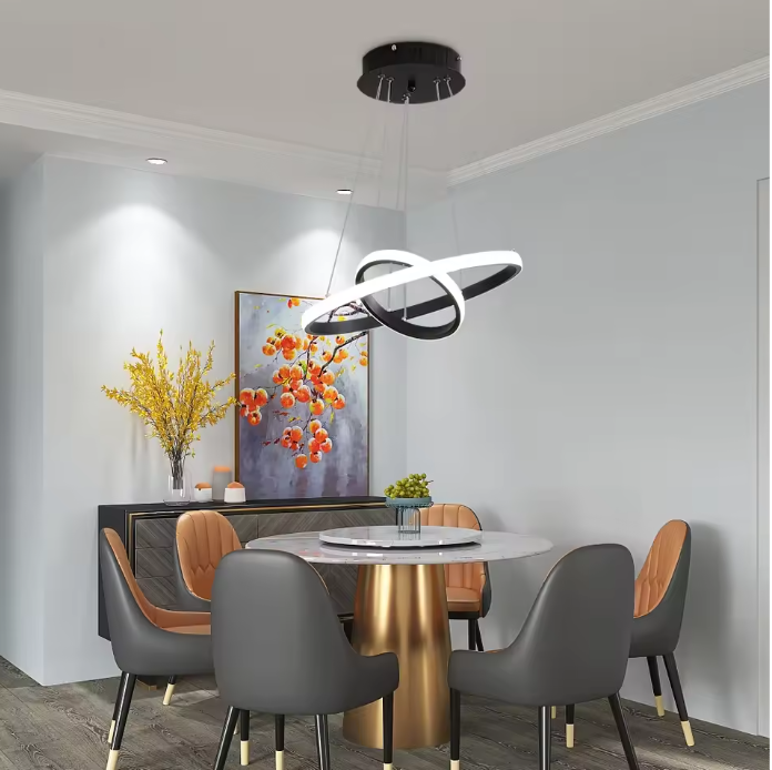 LED Hanglamp 30W – Moderne Zwarte Plafondlamp met 2 Ringen, Stijlvol en Functioneel