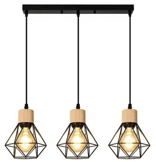 Industriële Hanglamp 3-Lichts – Vintage Plafondlamp met Rechthoekige Kooi