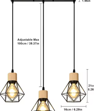 Industriële Hanglamp 3-Lichts – Vintage Plafondlamp met Rechthoekige Kooi