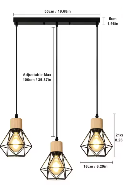 Industriële Hanglamp 3-Lichts – Vintage Plafondlamp met Rechthoekige Kooi