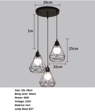 Industriële Hanglamp 3-Lichts – Vintage Plafondlamp met Rechthoekige Kooi