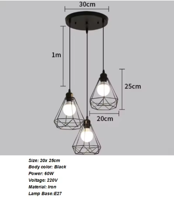 Industriële Hanglamp 3-Lichts – Vintage Plafondlamp met Rechthoekige Kooi