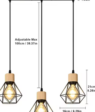 Industriële Hanglamp 3-Lichts – Vintage Plafondlamp met Rechthoekige Kooi