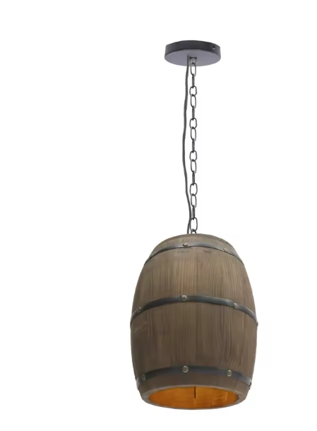Vintage Houten Wijnvat Hanglamp – Industriële Plafondlamp met Metaal