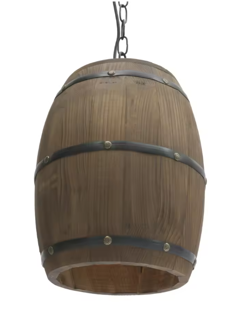 Vintage Houten Wijnvat Hanglamp – Industriële Plafondlamp met Metaal