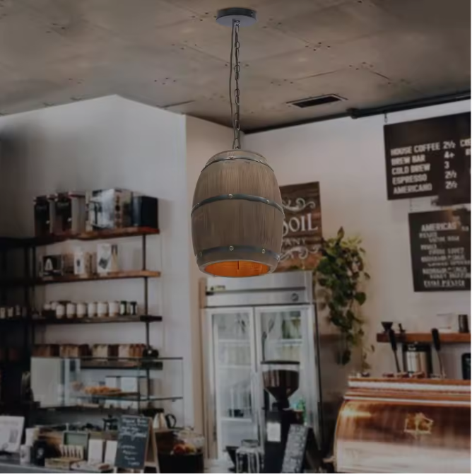 Vintage Houten Wijnvat Hanglamp – Industriële Plafondlamp met Metaal