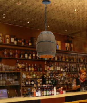 Vintage Houten Wijnvat Hanglamp – Industriële Plafondlamp met Metaal