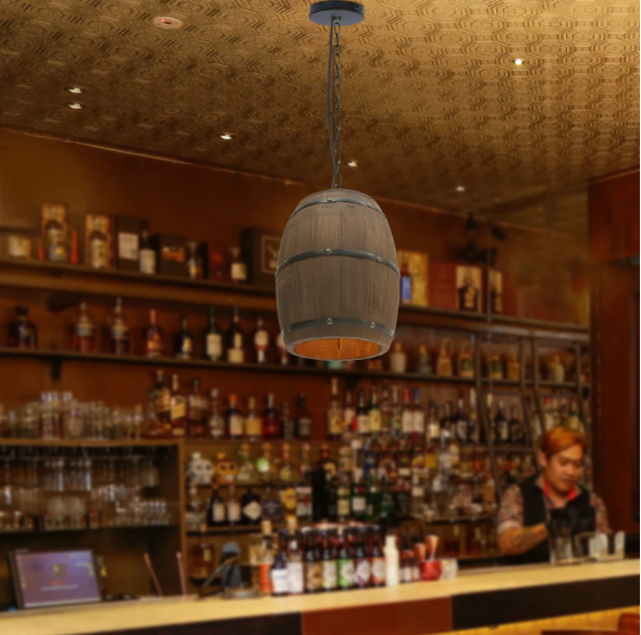Vintage Houten Wijnvat Hanglamp – Industriële Plafondlamp met Metaal