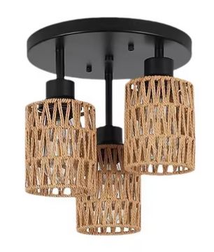 Bohemian Rattan Plafondlamp – Handgeweven Hanglamp met 3 Rotan Kappen