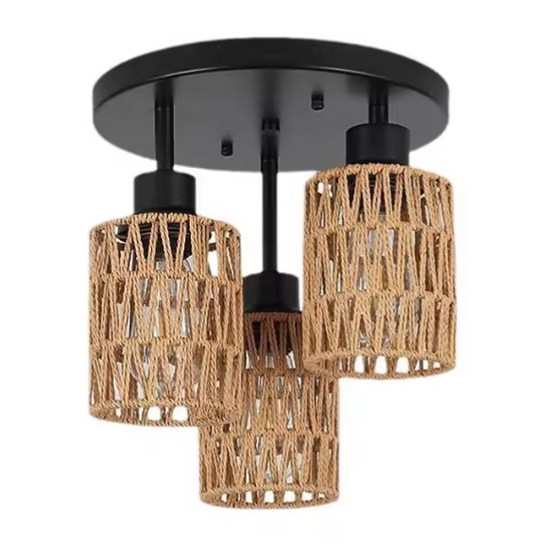Bohemian Rattan Plafondlamp – Handgeweven Hanglamp met 3 Rotan Kappen