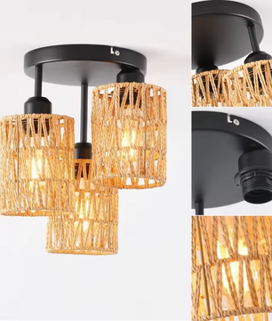 Bohemian Rattan Plafondlamp – Handgeweven Hanglamp met 3 Rotan Kappen
