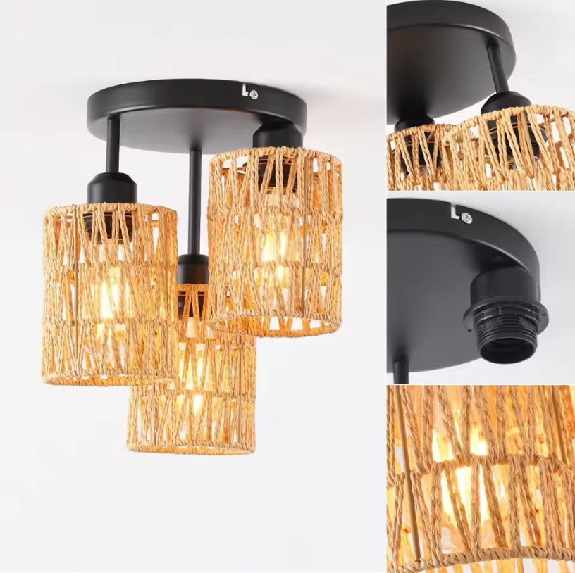 Bohemian Rattan Plafondlamp – Handgeweven Hanglamp met 3 Rotan Kappen