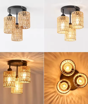 Bohemian Rattan Plafondlamp – Handgeweven Hanglamp met 3 Rotan Kappen