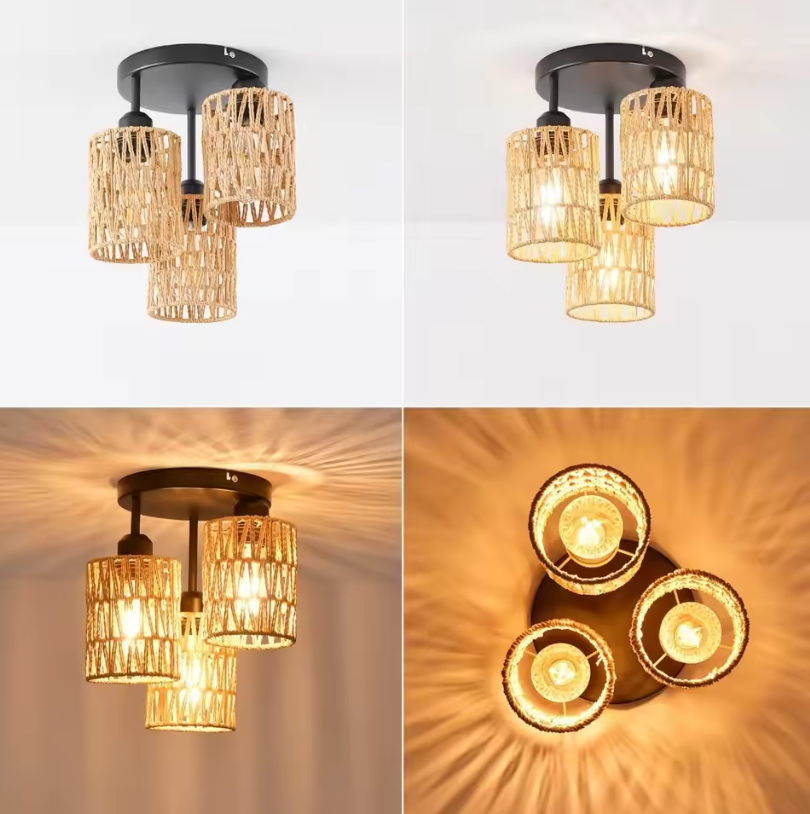 Bohemian Rattan Plafondlamp – Handgeweven Hanglamp met 3 Rotan Kappen