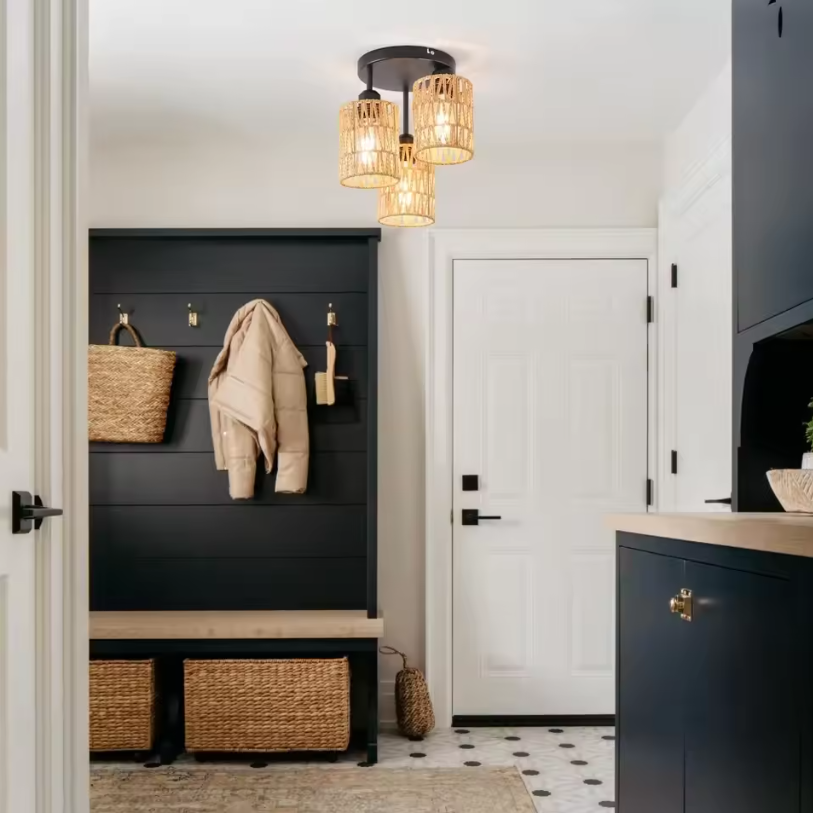 Bohemian Rattan Plafondlamp – Handgeweven Hanglamp met 3 Rotan Kappen