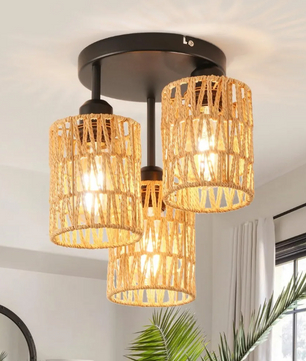 Bohemian Rattan Plafondlamp – Handgeweven Hanglamp met 3 Rotan Kappen