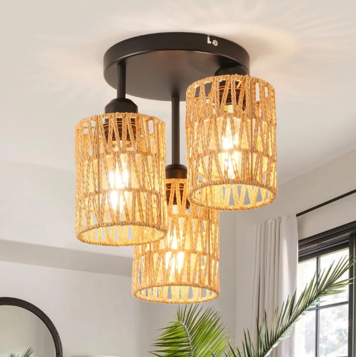 Bohemian Rattan Plafondlamp – Handgeweven Hanglamp met 3 Rotan Kappen