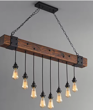 Industriële Houten Balk Hanglamp – 8-Lichts Retro Plafondlamp met Verstelbare Ketting