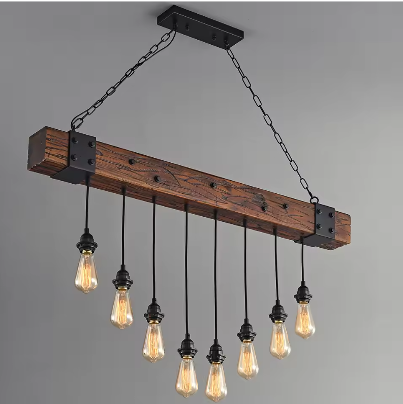 Industriële Houten Balk Hanglamp – 8-Lichts Retro Plafondlamp met Verstelbare Ketting