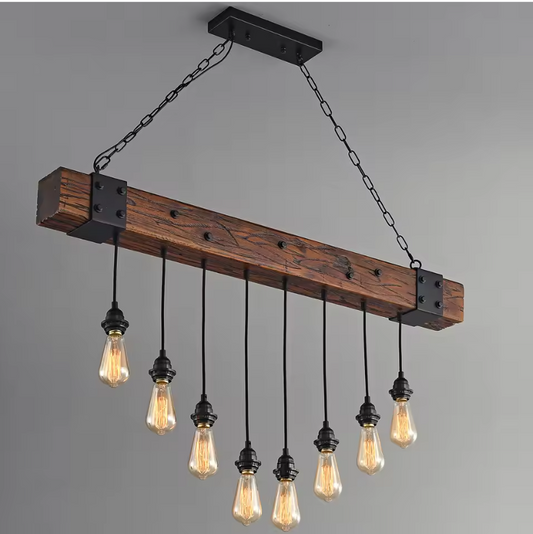 Industriële Houten Balk Hanglamp – 8-Lichts Retro Plafondlamp met Verstelbare Ketting