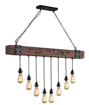 Industriële Houten Balk Hanglamp – 8-Lichts Retro Plafondlamp met Verstelbare Ketting