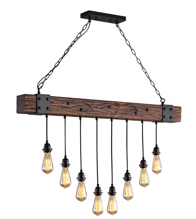 Industriële Houten Balk Hanglamp – 8-Lichts Retro Plafondlamp met Verstelbare Ketting