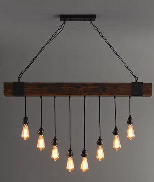 Industriële Houten Balk Hanglamp – 8-Lichts Retro Plafondlamp met Verstelbare Ketting