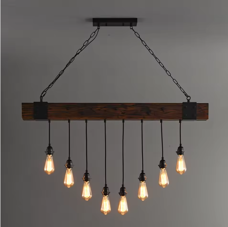 Industriële Houten Balk Hanglamp – 8-Lichts Retro Plafondlamp met Verstelbare Ketting