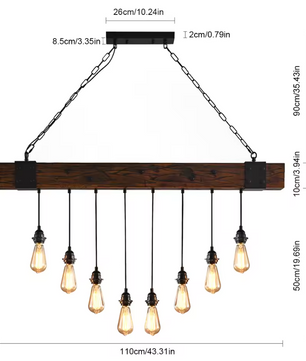 Industriële Houten Balk Hanglamp – 8-Lichts Retro Plafondlamp met Verstelbare Ketting