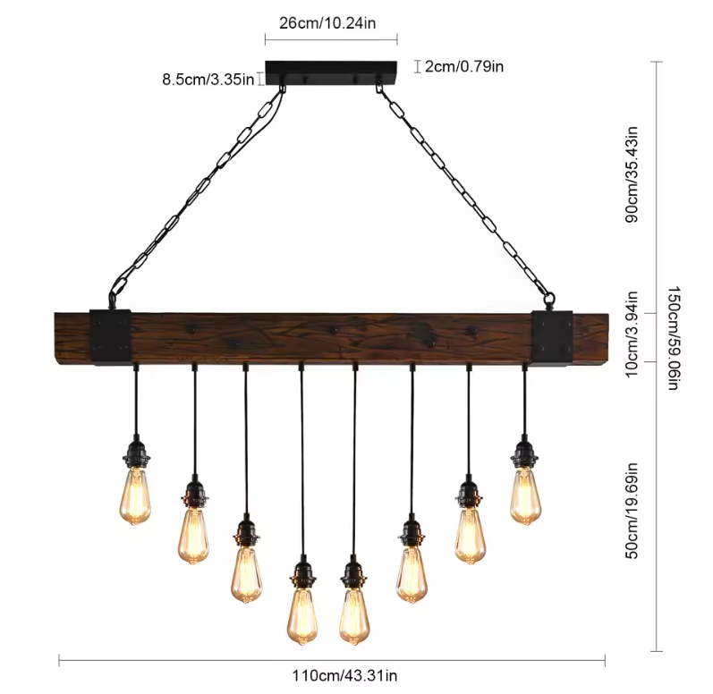 Industriële Houten Balk Hanglamp – 8-Lichts Retro Plafondlamp met Verstelbare Ketting