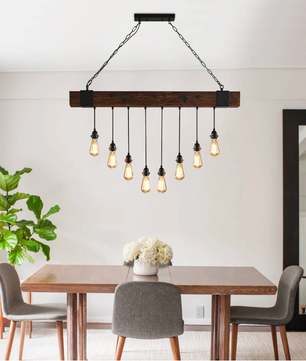Industriële Houten Balk Hanglamp – 8-Lichts Retro Plafondlamp met Verstelbare Ketting