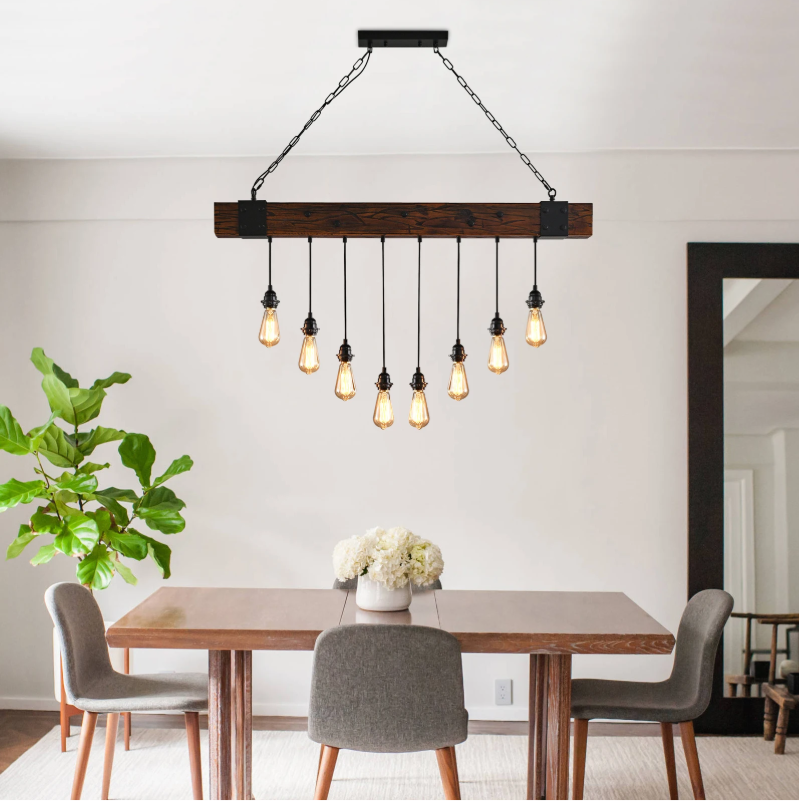Industriële Houten Balk Hanglamp – 8-Lichts Retro Plafondlamp met Verstelbare Ketting