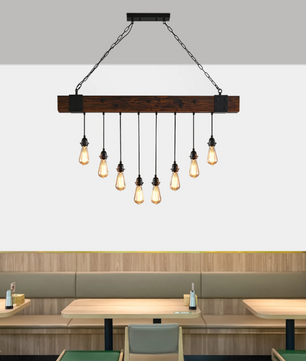 Industriële Houten Balk Hanglamp – 8-Lichts Retro Plafondlamp met Verstelbare Ketting
