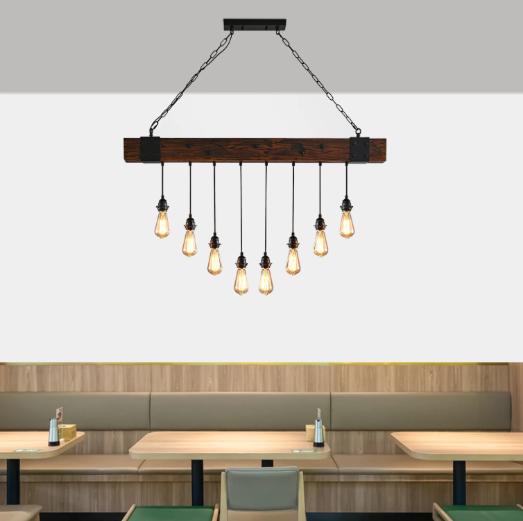 Industriële Houten Balk Hanglamp – 8-Lichts Retro Plafondlamp met Verstelbare Ketting