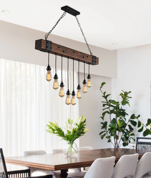 Industriële Houten Balk Hanglamp – 8-Lichts Retro Plafondlamp met Verstelbare Ketting